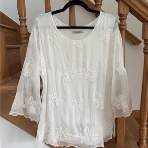 Vintage Sheer White Bell Sleeve Blouse with Embroidered Roses